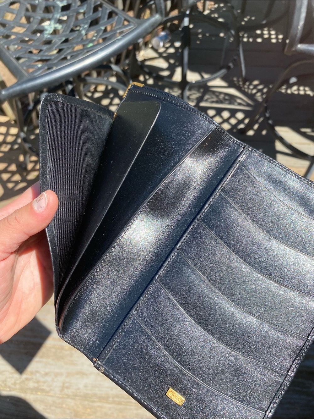 Vintage Gucci Black Leather Long Wallet with Gold Corner Accents - Picture 10 of 17